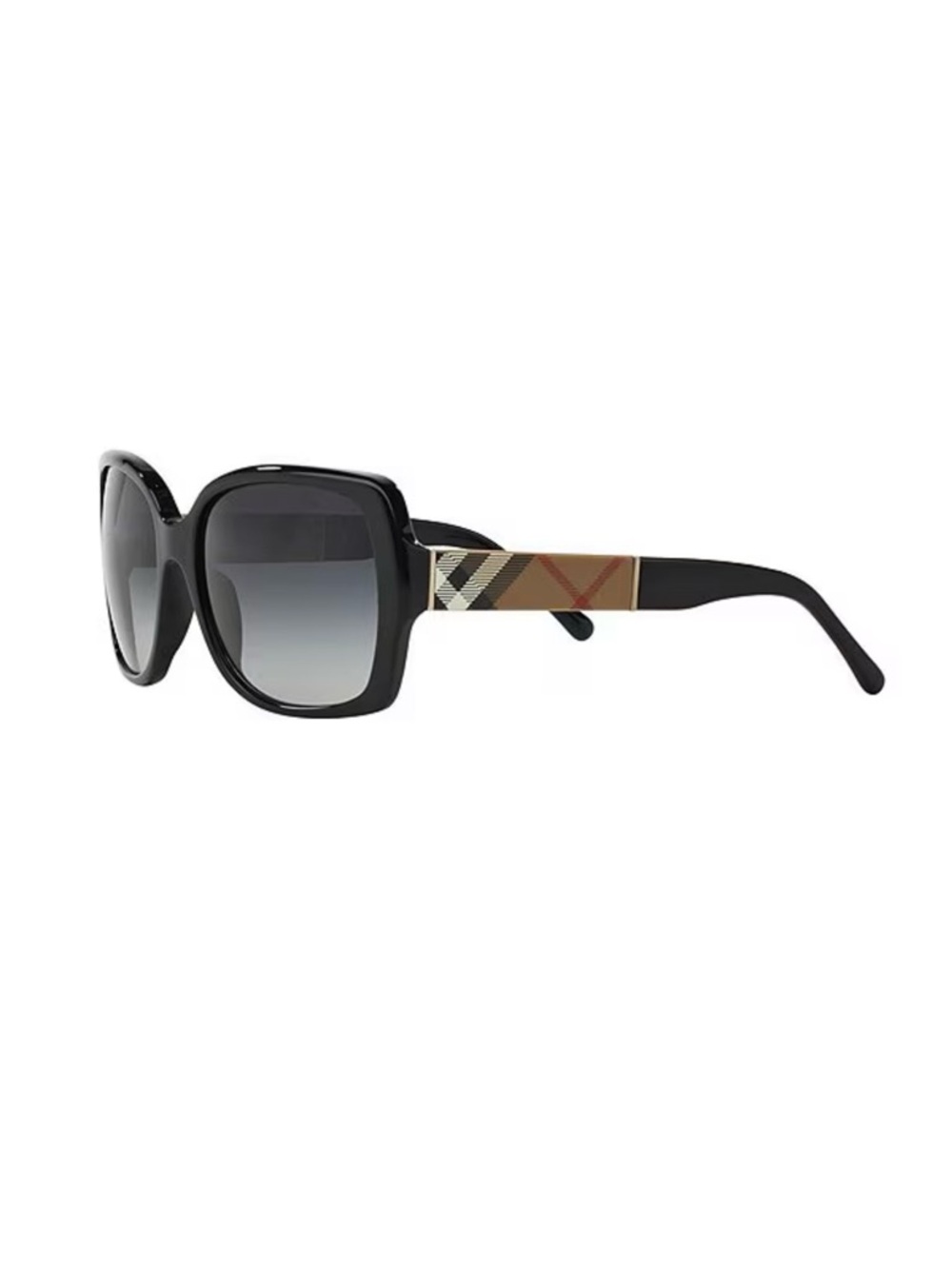 Burberry Black Frame Sunglasses with Gradient Gray Lenses and Check Temples - Picture 3 of 4